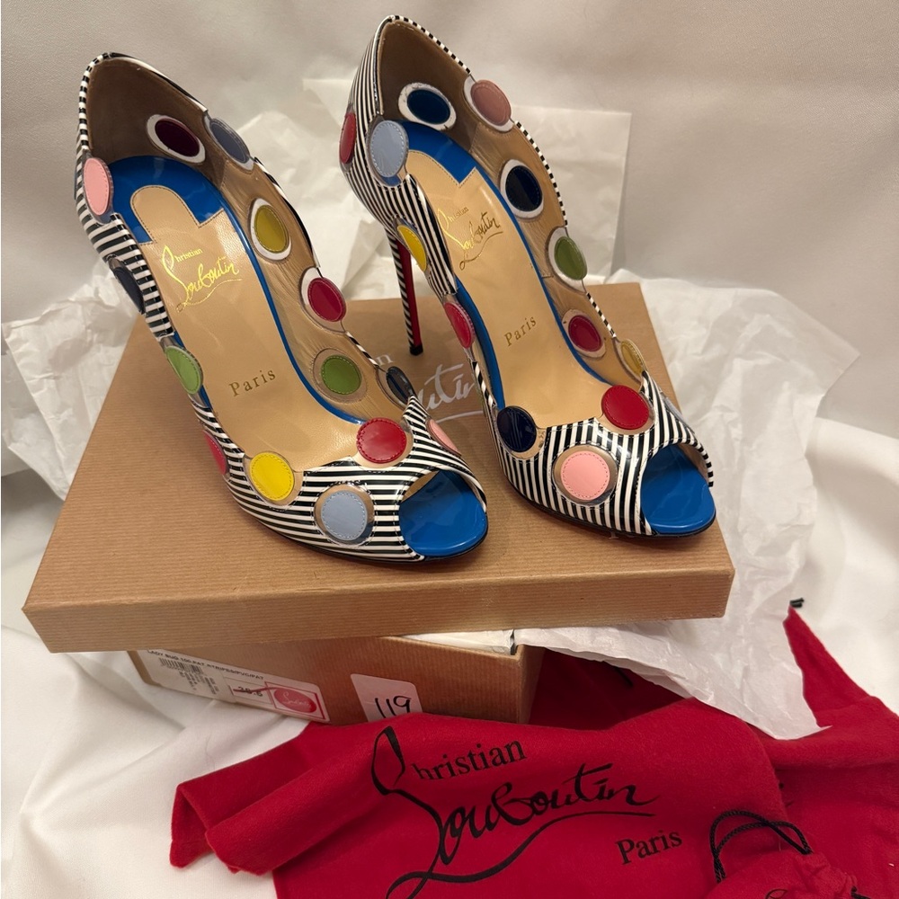 Christian Louboutin Lady Bug 100 Pat Stripes with bags, box, and extra heels